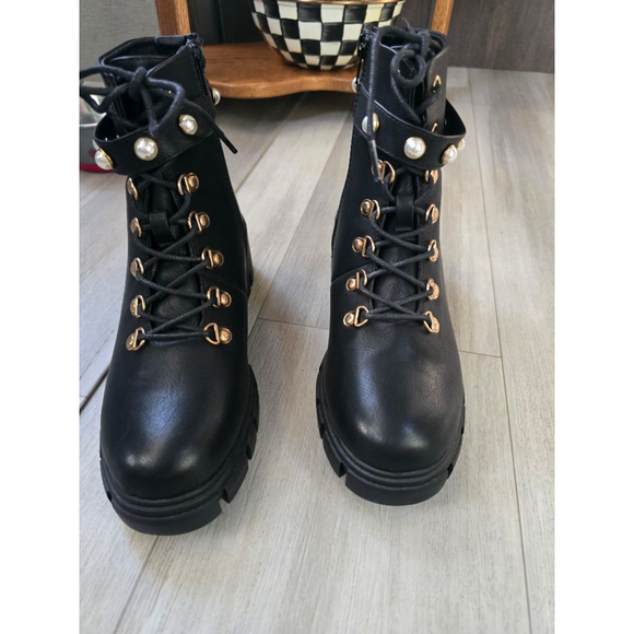 Eloquii Shoes - Women's Eloquii Black Lace Up Chunky Combat Boots with Gold Accents Size 8